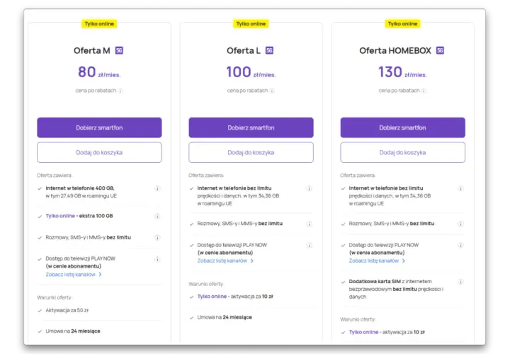 Porównanie ofert internetu we Francji: M (400 GB), L (bez limitu) i HOMEBOX (bez limitu) z opcją 5G.