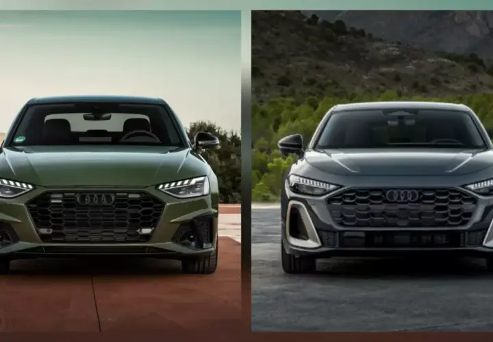 Dwa najnowsze Audi, zielone i ciemnoszare, prezentują swoje agresywne grille i nowoczesne reflektory.