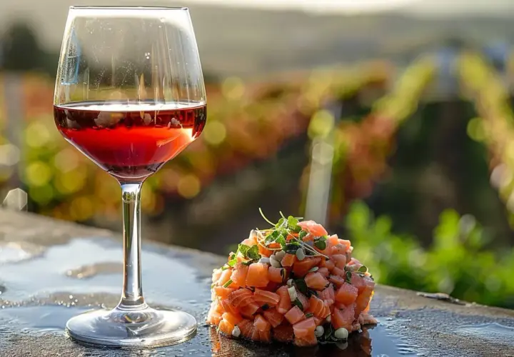 Un verre de vin rouge près d'un tartare de saumon, avec des vignes en arrière-plan. Quel vin rouge avec du saumon ? Une belle association.