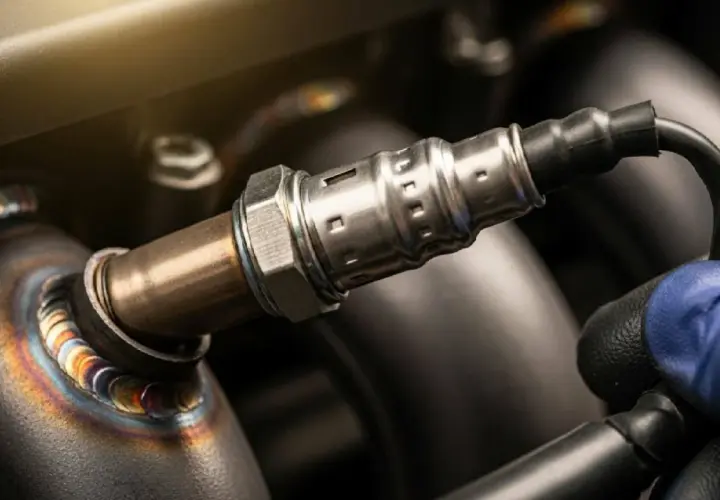 Ein Mechaniker tauscht eine Lambdasonde (p0170 opel) am Auspuffkrümmer eines Autos aus.