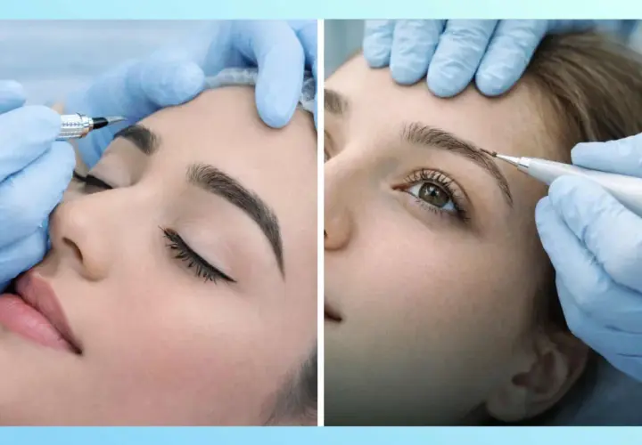 Proceso de microblading cejas. Manos enguantadas trabajan en las cejas de una mujer para un resultado natural y definido.