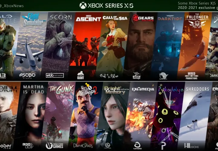 Kolekcja najlepszych gier na Xbox Series X: Halo Infinite, Microsoft Flight Simulator, Scorn, The Ascent, Call of the Sea, Gears Tactics, Darktide, The Falconeer, Enlisted.