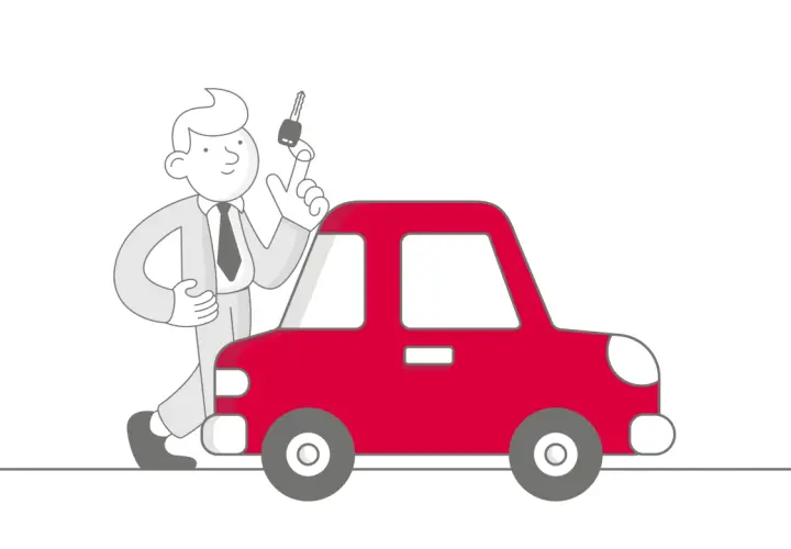 Uomo con chiave in mano accanto a un'auto rossa, simbolo del passaggio di proprietà auto defunto con più eredi.