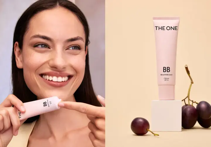 Glad kvinna med en tub BB cream. Jämförelse mellan bb cream vs cc cream.