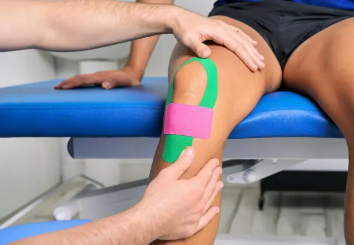 Un fisioterapeuta aplica bandas kinesiologicas verdes y rosas en la rodilla de un atleta para mejorar su recuperación y rendimiento.