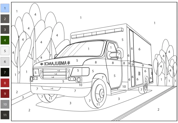 Ambulancia para colorear con números. Un vehículo de emergencia listo para ser pintado, con árboles y carretera al fondo.