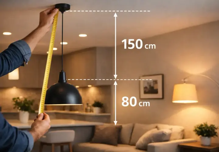 Mierzenie na jakiej wysokości kinkiet powinien wisieć. Od sufitu do lampy 150 cm, od lampy do stołu 80 cm.