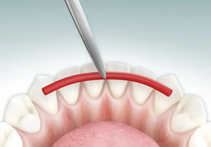 Strumento dentale applica filo rosso per splintaggio denti inferiori, facilitando la pulizia.