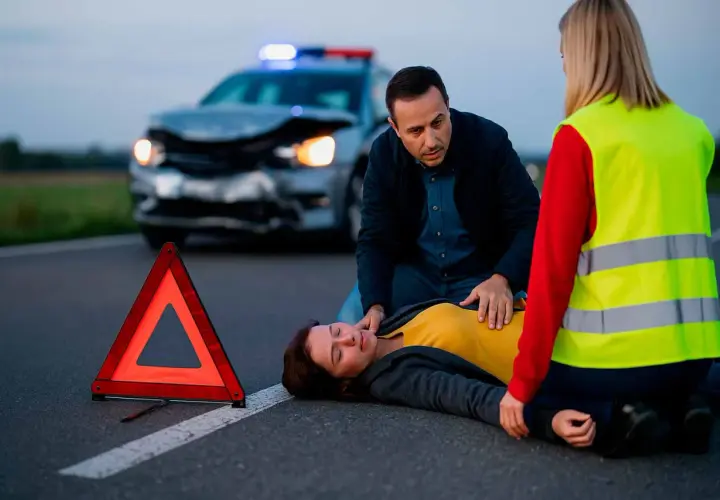 Un hombre y una mujer asisten a una persona en el suelo tras un accidente de coche. Triángulo de emergencia visible. Saber qué hacer en caso de accidente de coche es vital.