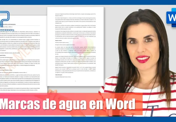 Mujer sonriente con texto "Marcas de agua en Word" y logo de Microsoft Word.