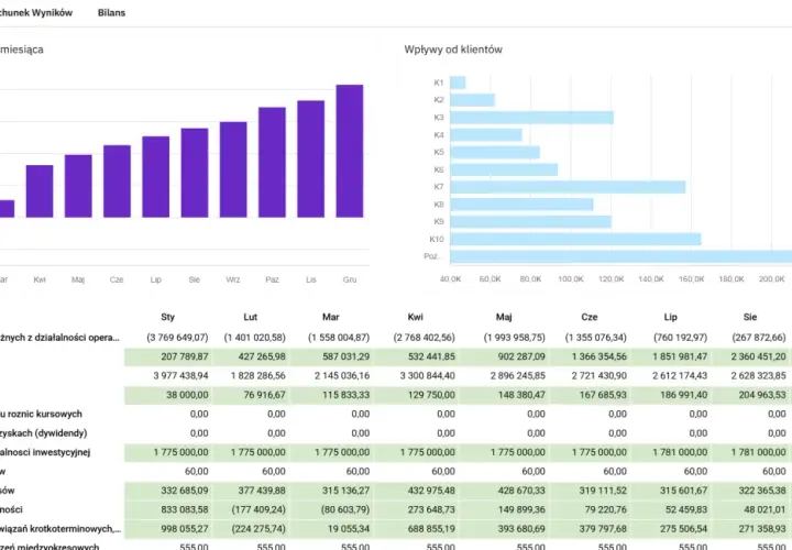 Wykres słupkowy i słupkowy przedstawiające przepływy pieniężne i wpływy od klientów. Przykład cash flow.