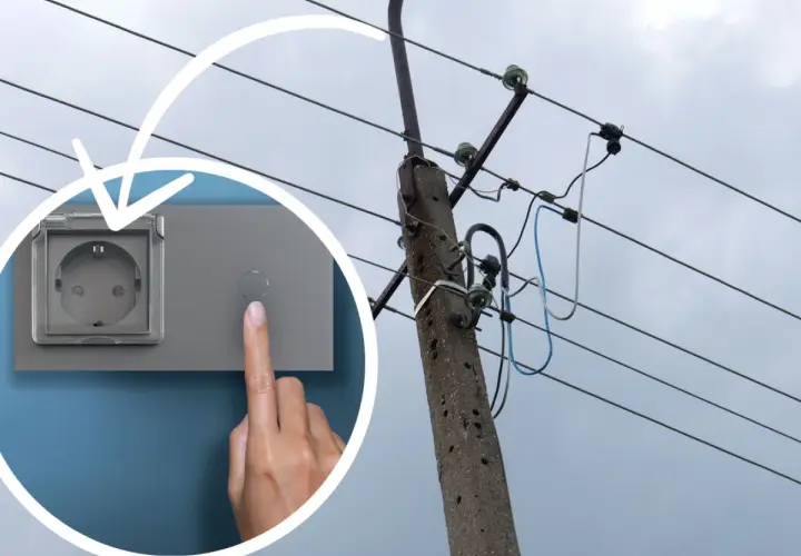 Dłoń naciska przycisk obok gniazdka, sugerując łatwy dostęp do energii, jakby z linii WLZ.