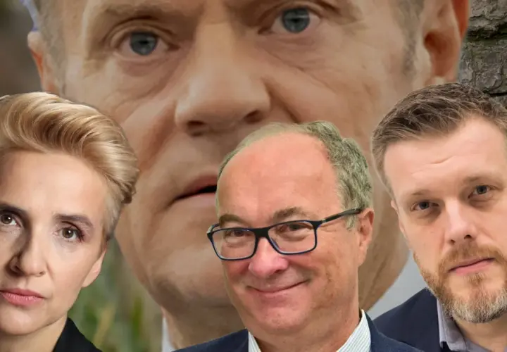 Twarze polityków na tle twarzy Tuska. Czy Tusk to lewica czy prawica? Dyskusja trwa.