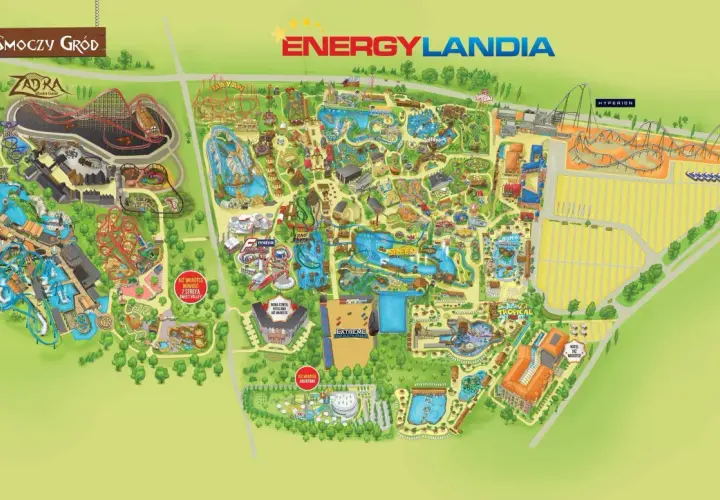 Mapa Energylandia pokazuje, ile atrakcji czeka na odwiedzających: od Smoczego Grodu z Zadra, przez strefy wodne, po Hyperiona.