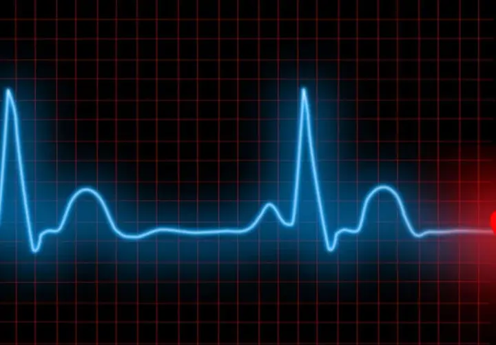 Niebieska linia EKG na czarnym tle z czerwoną siatką. Pokazuje rytm serca, a na końcu czerwone serce. To jest właśnie hrv co to znaczy dla zdrowia.