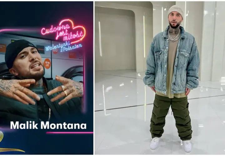 Malik Montana na plakacie z napisem "Cudowna jest miłość. Walentynki z Polsatem" i w stylizacji na koncert.