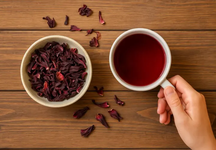 Suszone kwiaty hibiskusa w miseczce i filiżanka czerwonego naparu. Odkryj hibiskus właściwości i ciesz się jego smakiem.