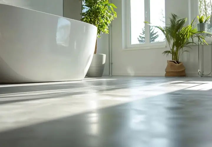 Ett modernt badrum med fristående badkar och gröna växter. Solstrålar lyser upp golvet, som ser ut att vara en våtrumsmatta som är lätt att måla om.