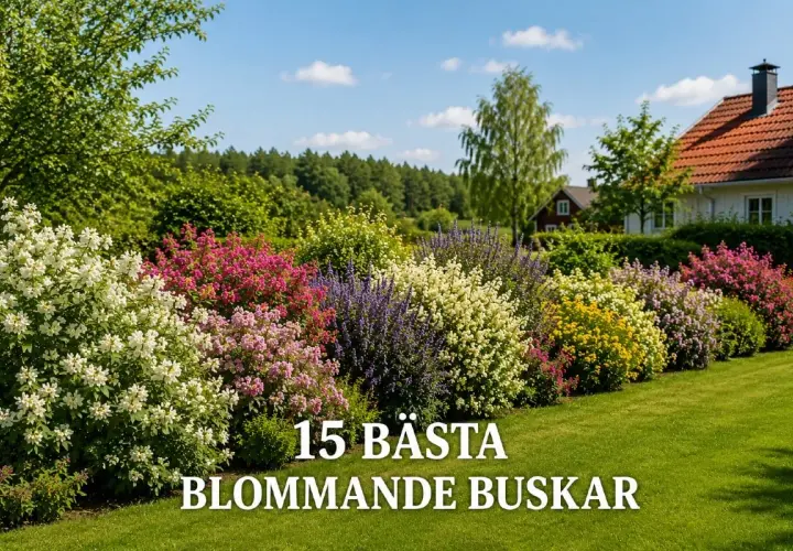 En vacker trädgård med en rad färgstarka blommande buskar i vitt, rosa, lila och gult.