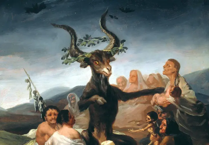 Makabryczna scena z kozłem, symbolem satanisty, otoczonym przez przerażonych ludzi i wiszące postacie.