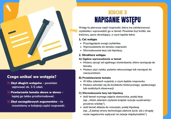 Ilustracja pokazuje otwartą książkę z ołówkiem, symbolizującą pisanie. Tekst omawia pisanie wstępu do rozprawki, co jest kluczowe dla dobrej opinii o praktykancie.