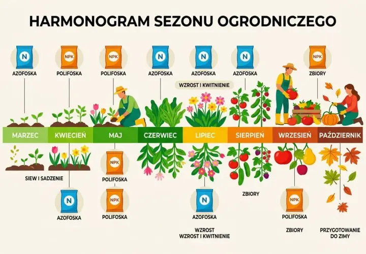 Harmonogram nawożenia: Azofoska do wzrostu i kwitnienia w czerwcu i lipcu, Polifoska do zbiorów we wrześniu.