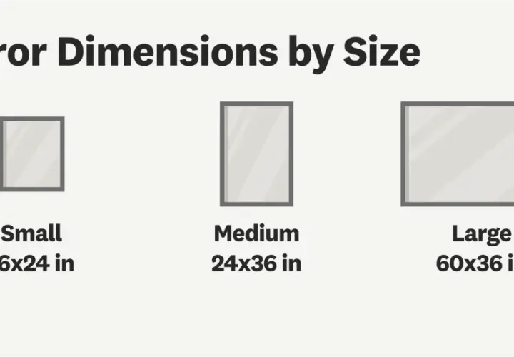 Visual comparison of mirror size options: small (16x24 in), medium (24x36 in), and large (60x36 in).