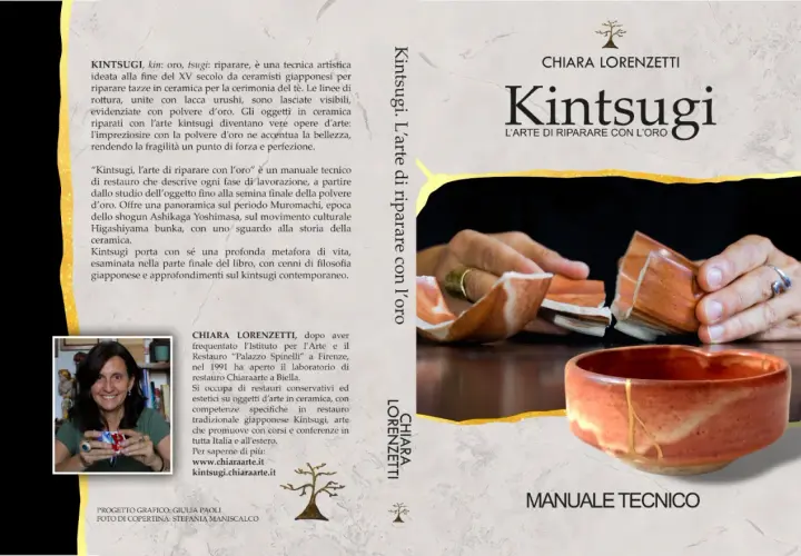 Copertina libro "Kintsugi. L'arte di riparare con l'oro", che illustra la **tecnica kintsugi** di riparazione di ceramiche rotte con polvere d'oro.