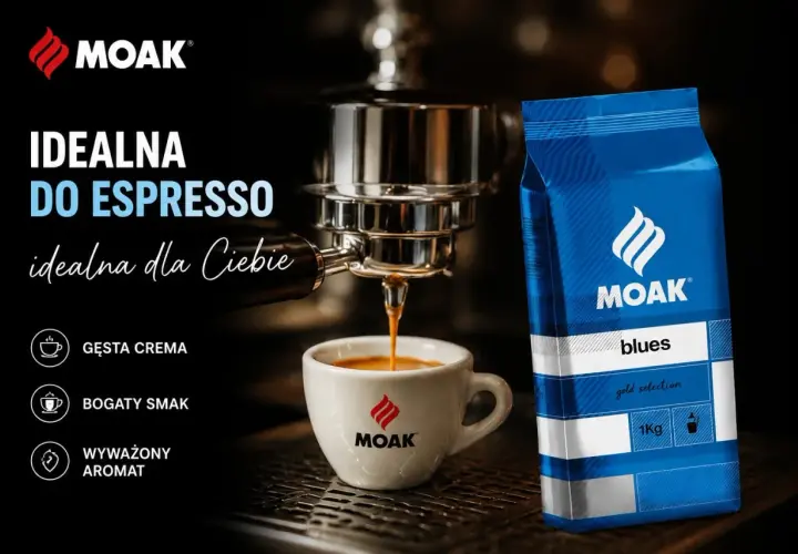 Kawa MOAK Blues, idealna do ekspresu automatycznego, z gęstą cremą, bogatym smakiem i wyważonym aromatem.