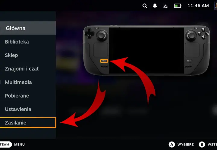 Menu Steam na konsoli, strzałki wskazują przycisk "Steam" i opcję "Zasilanie". Dowiedz się, jak pobrać Steam.