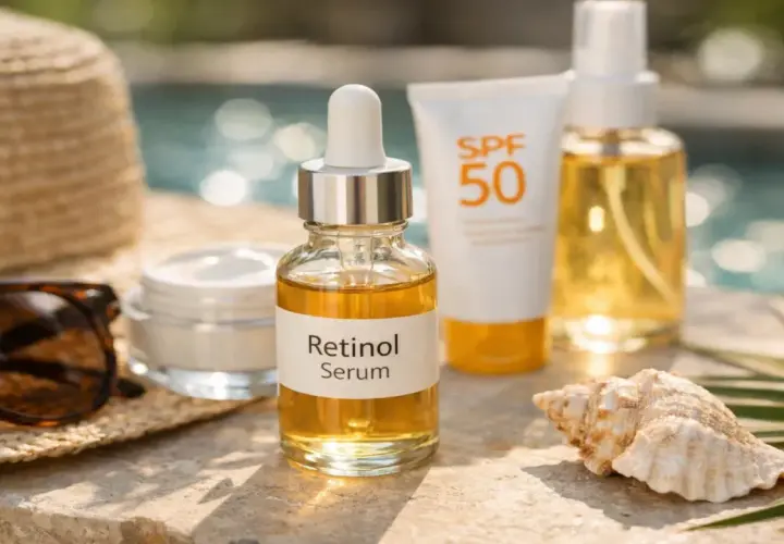 Letnia pielęgnacja: serum z retinolem, krem z filtrem SPF 50 i mgiełka. Czy retinol można stosować latem? Tak, z ochroną przeciwsłoneczną!
