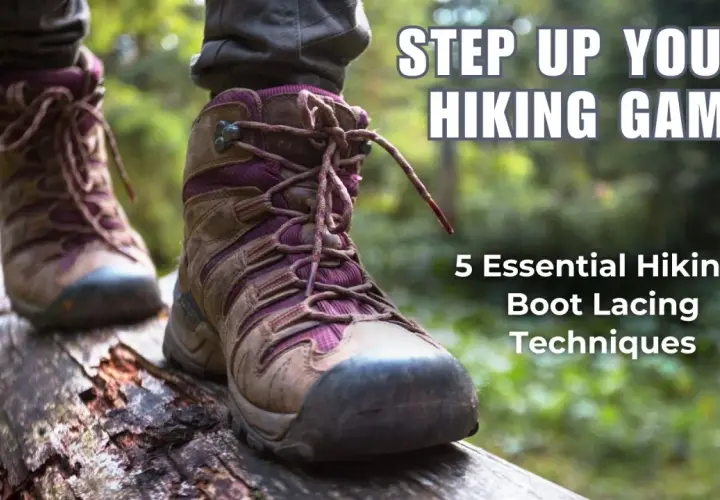 Close-up of hiking boots with purple accents and laces, stepping on a log. Learn 5 essential hiking boot lacing techniques to step up your hiking game.
