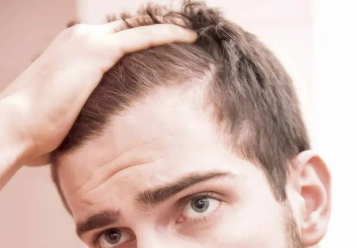 Hombre preocupado por el efluvio telógeno, tocando su cabeza. Considera usar minoxidil para recuperar su cabello.