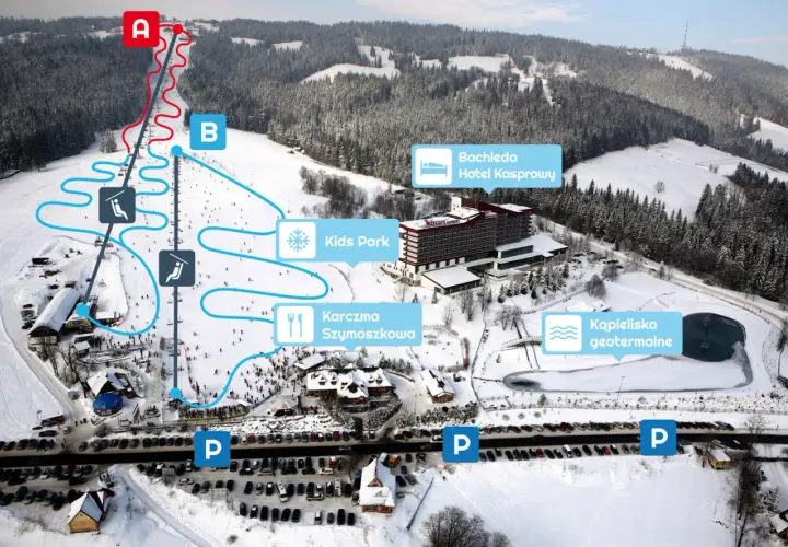 Widok na zakopane stok narciarski z trasami, wyciągami, hotelem Bachleda, karczmą i basenem geotermalnym.