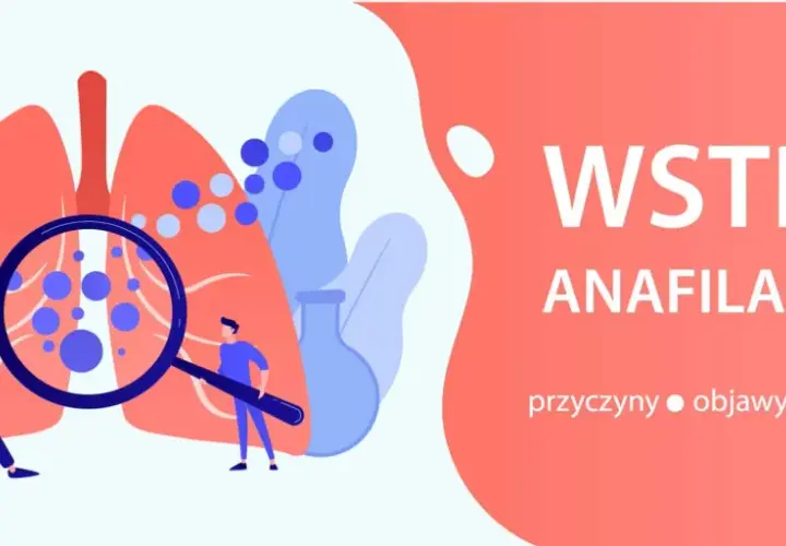 Ilustracja przedstawia wstrząs anafilaktyczny. Widać płuca, ludzi i lupę. Wstrząs anafilaktyczny wymaga szybkiej interwencji, często z użyciem epinefryny.