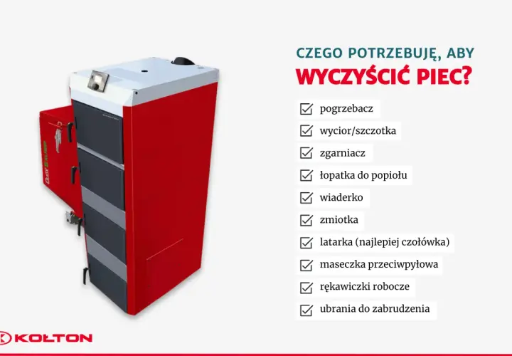 Czerwony piec na ekogroszek i lista rzeczy potrzebnych, by wyczyścić piec: pogrzebacz, szczotka, łopatka, wiaderko.