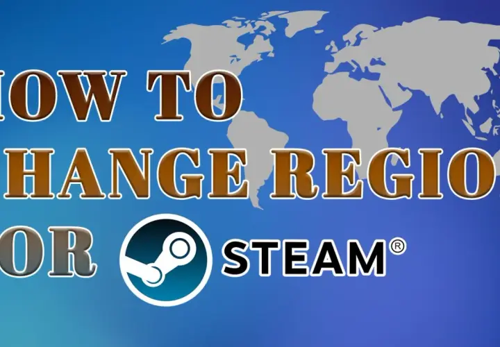 Jak zmienić region Steam? Grafika z mapą świata i logo Steam.