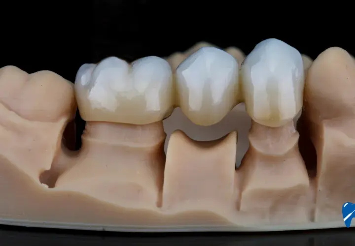 Model szczęki z mostem porcelanowym, imitującym naturalne zęby.
