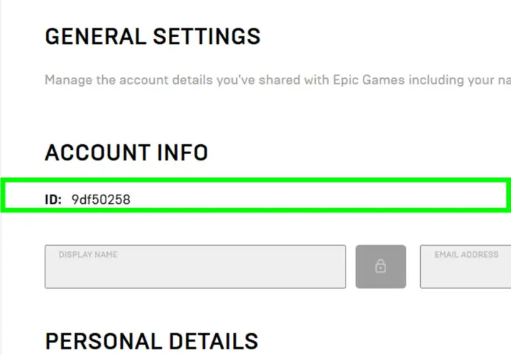Epic Games Leak: Account-ID 9df50258 in den allgemeinen Einstellungen.
