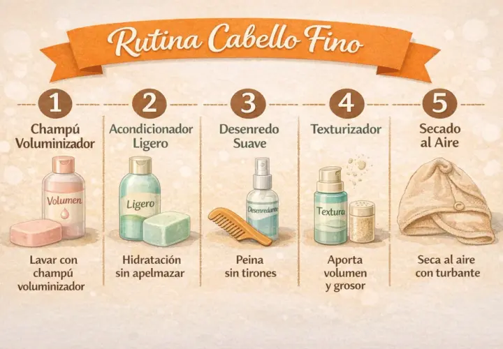 Rutina para cabello fino y encrespado: champú voluminizador, acondicionador ligero, desenredante, texturizador y secado con turbante.