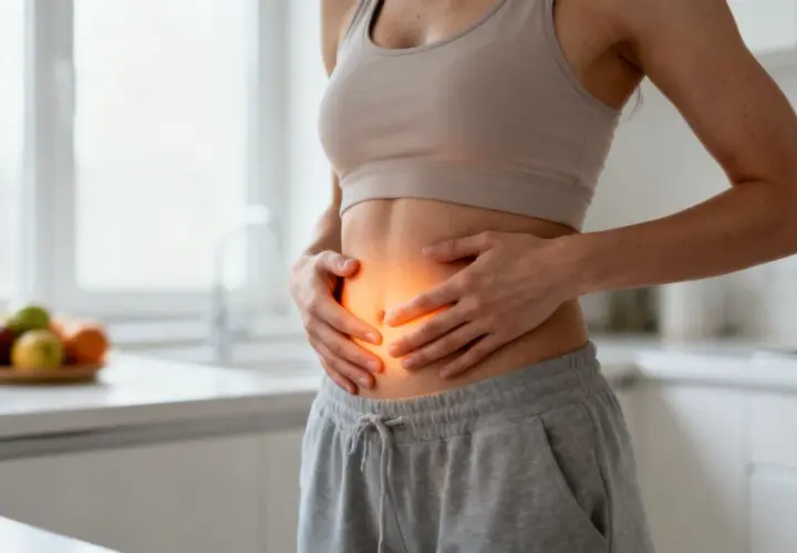 Kobieta trzyma się za brzuch, gdzie widoczny jest pomarańczowy blask. Zastanawiasz się, metabolizm co to? To klucz do zdrowia.