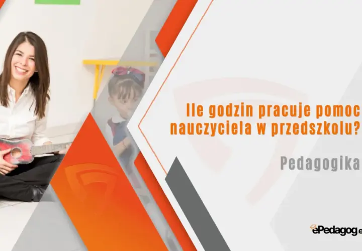 Uśmiechnięta pomoc nauczyciela w przedszkolu gra na ukulele, obok siedzi dziecko. Pytanie: Ile godzin pracuje pomoc nauczyciela w przedszkolu?