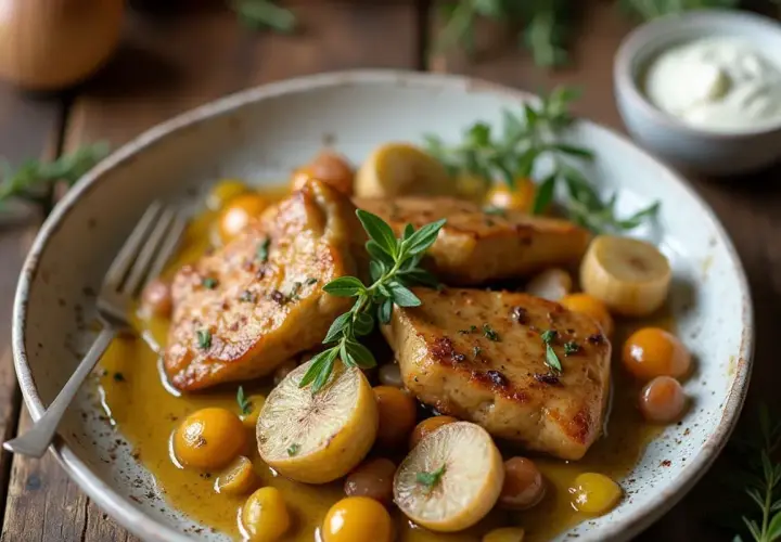 Délicieux sauté de dinde, servi avec des tomates cerises et des quartiers de citron, garni de persil frais. Un plat savoureux et coloré.