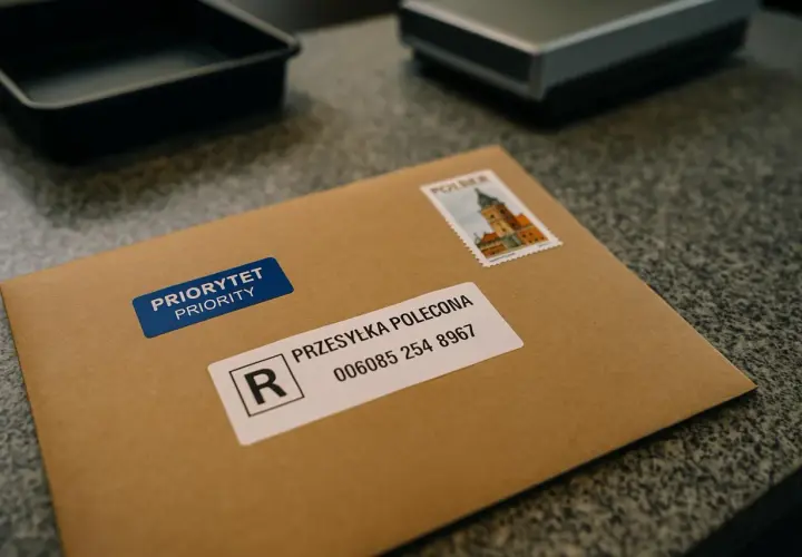 Brązowa koperta z naklejką "PRIORYTET PRIORITY" i etykietą "PRZESYŁKA POLECONA" z numerem. Czy przesyłka polecona to list? Tak, to list polecony.