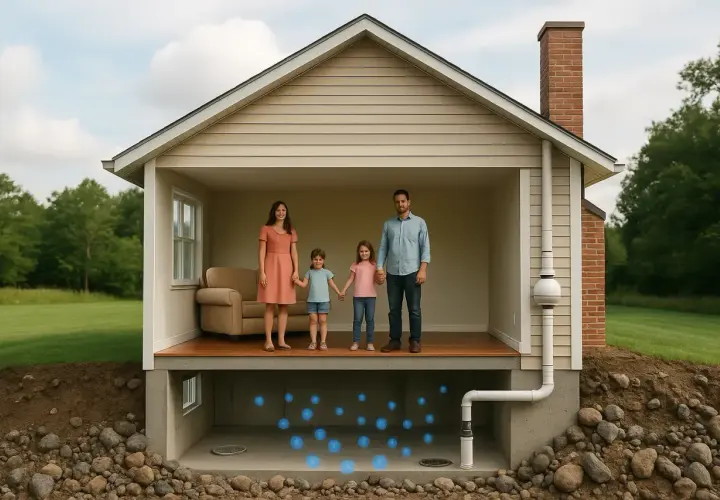 Familia en casa con sistema de mitigación de **radón que es** un gas invisible y peligroso.