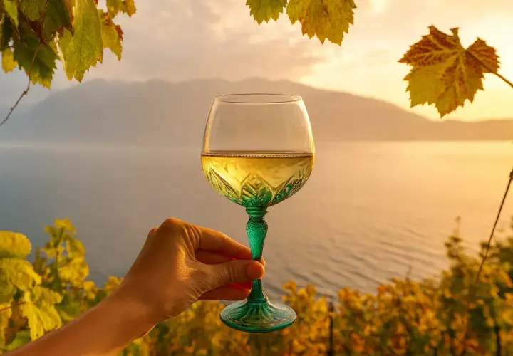 Ein Glas Weißwein, vielleicht von der Lugana rebsorte, vor malerischer See- und Bergkulisse bei Sonnenuntergang.