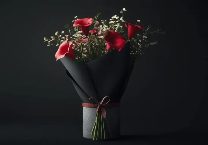 Un bouquet de callas rouges et de petites fleurs blanches, emballé dans du papier noir et noué avec un ruban de cuir. Une fleur pour homme élégante et moderne.