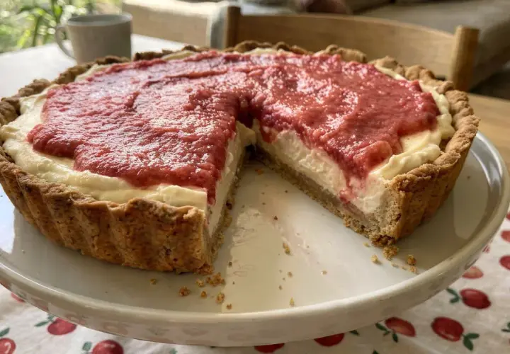 Pyszna tarta z rabarbarem, z kremowym nadzieniem i chrupiącym spodem, czeka na spróbowanie.