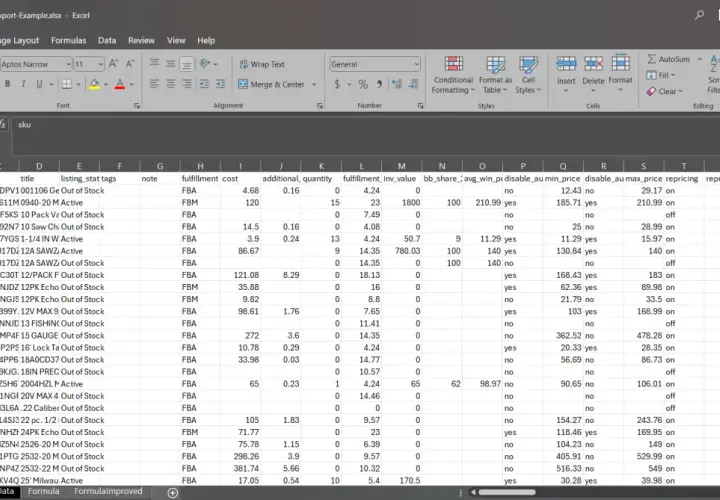 Arkusz kalkulacyjny Excel z danymi w kolumnach, w tym kolumna "sku".