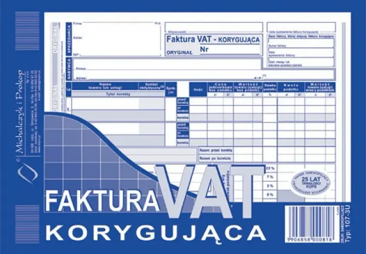 Formularz faktury korygującej VAT, zawierający pola do wpisania przyczyn korekty faktury, danych sprzedawcy i nabywcy, oraz szczegółów transakcji.